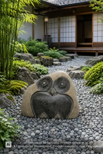 Product image of the product “Owl sculpture made of riverstone, stylized design with carved eyes and smooth natural stone surface, H. approx. 20 cm. ”